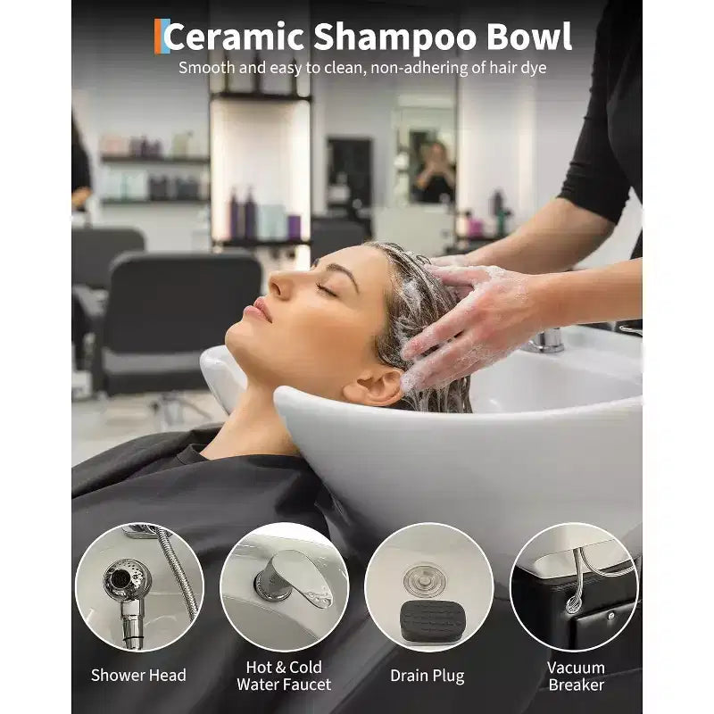 Shampoo Bowl and Chair Set with Ceramic Sink, Backwash Hair Washing Station & Footrest, 450 lb Capacity for Salon, Spa or Barbershop