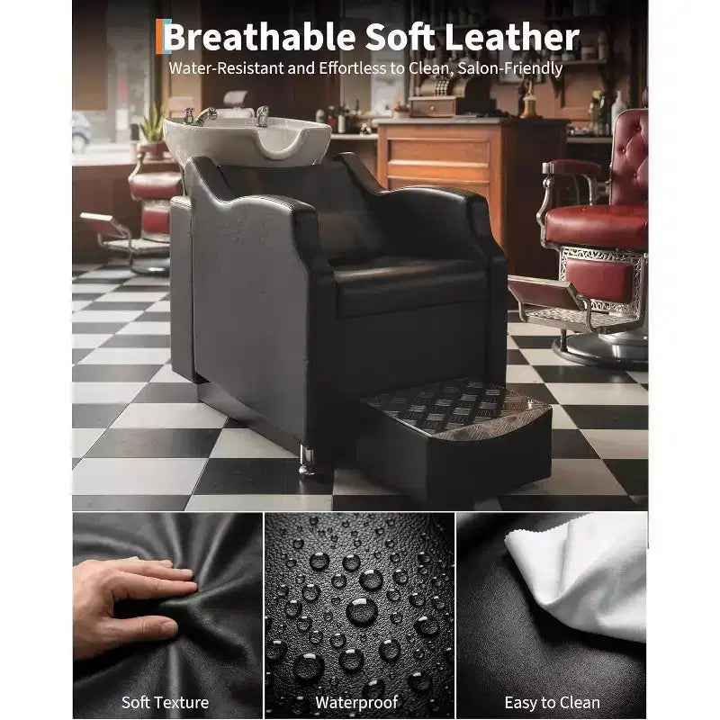 Shampoo Bowl and Chair Set with Ceramic Sink, Backwash Hair Washing Station & Footrest, 450 lb Capacity for Salon, Spa or Barbershop