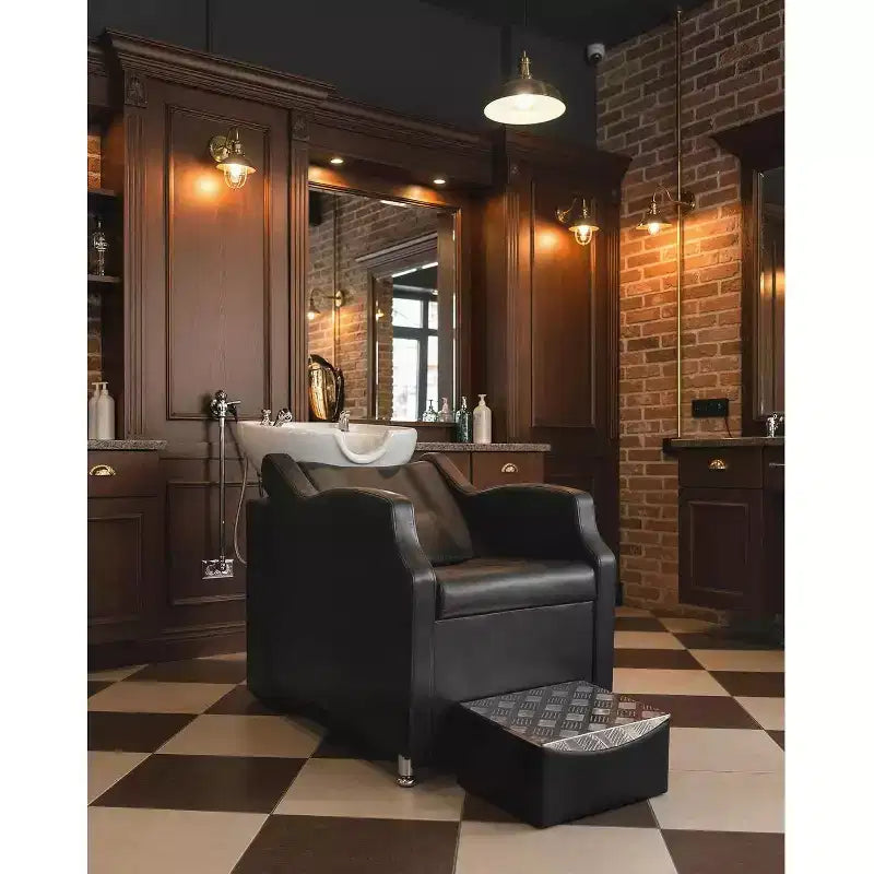 Shampoo Bowl and Chair Set with Ceramic Sink, Backwash Hair Washing Station & Footrest, 450 lb Capacity for Salon, Spa or Barbershop