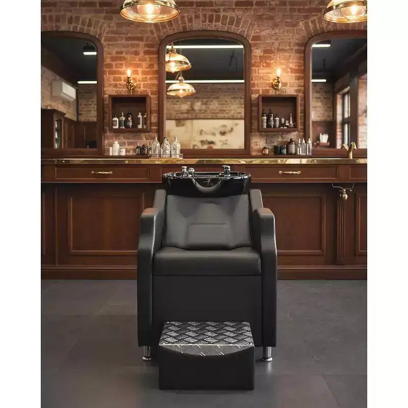 Ensemble bac à shampoing et fauteuil avec évier en céramique, station de lavage des cheveux (backwash) et repose-pieds, capacité de 204 kg pour salon de coiffure, spa ou barbier