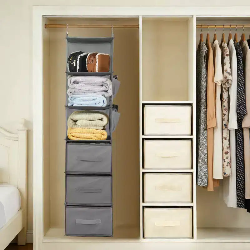 6-Tier Hanging Storage Organizer Non-Woven Fabric, Thick Bamboo Slat Washable, with 3 Removable Drawers + 2 Side Pockets Space-Saving