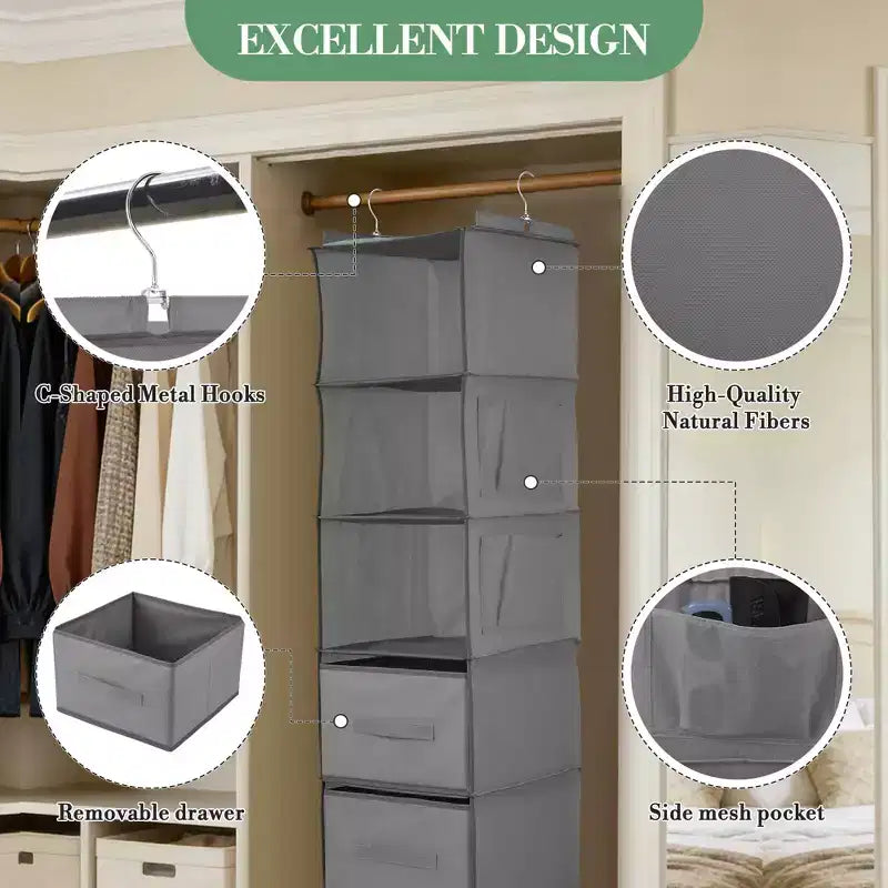 6-Tier Hanging Storage Organizer Non-Woven Fabric, Thick Bamboo Slat Washable, with 3 Removable Drawers + 2 Side Pockets Space-Saving