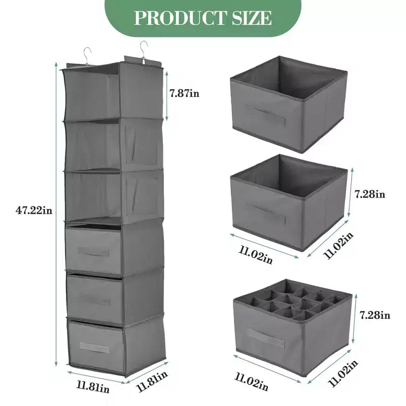 6-Tier Hanging Storage Organizer Non-Woven Fabric, Thick Bamboo Slat Washable, with 3 Removable Drawers + 2 Side Pockets Space-Saving