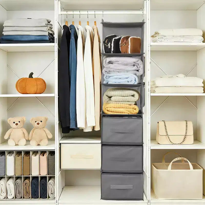 6-Tier Hanging Storage Organizer Non-Woven Fabric, Thick Bamboo Slat Washable, with 3 Removable Drawers + 2 Side Pockets Space-Saving