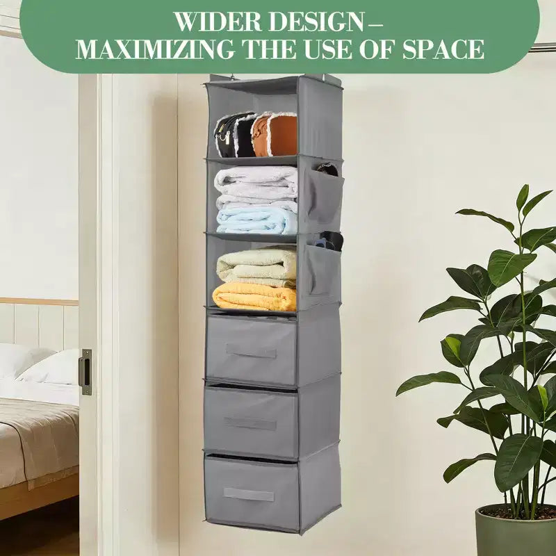 6-Tier Hanging Storage Organizer Non-Woven Fabric, Thick Bamboo Slat Washable, with 3 Removable Drawers + 2 Side Pockets Space-Saving