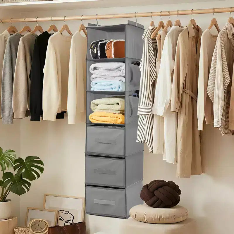 6-Tier Hanging Storage Organizer Non-Woven Fabric, Thick Bamboo Slat Washable, with 3 Removable Drawers + 2 Side Pockets Space-Saving