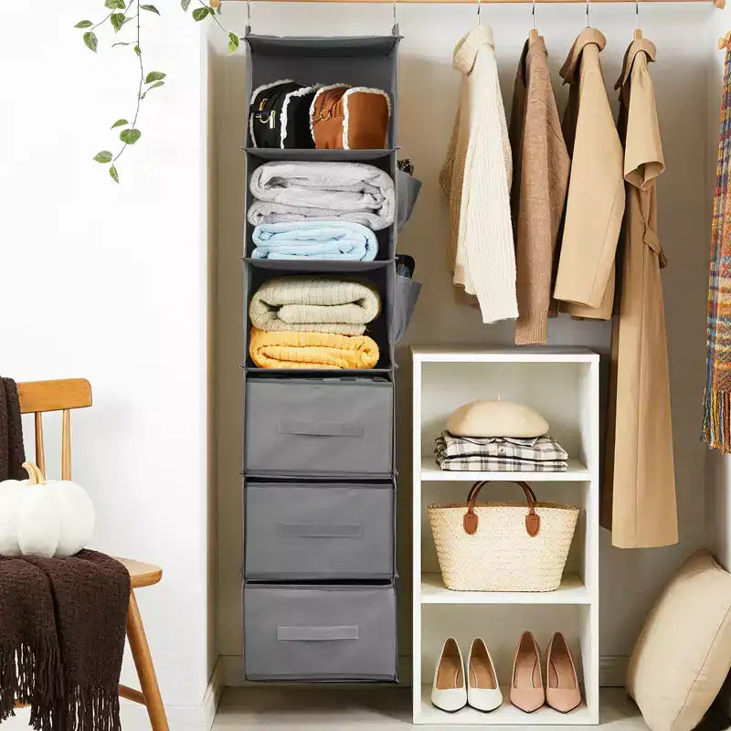 6-Tier Hanging Storage Organizer Non-Woven Fabric, Thick Bamboo Slat Washable, with 3 Removable Drawers + 2 Side Pockets Space-Saving