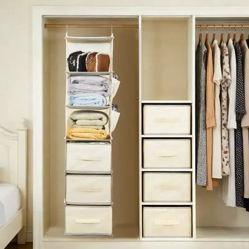 Organiseur de rangement suspendu à 6 niveaux en tissu non tissé, lattes de bambou épaisses lavables, avec 3 tiroirs amovibles et 2 poches latérales pour un gain de place