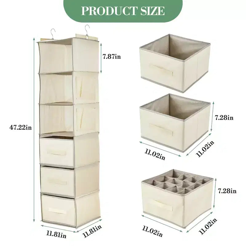6-Tier Hanging Storage Organizer Non-Woven Fabric, Thick Bamboo Slat Washable, with 3 Removable Drawers + 2 Side Pockets Space-Saving
