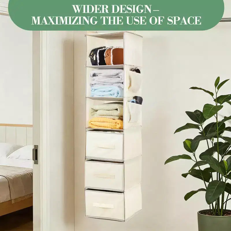 6-Tier Hanging Storage Organizer Non-Woven Fabric, Thick Bamboo Slat Washable, with 3 Removable Drawers + 2 Side Pockets Space-Saving