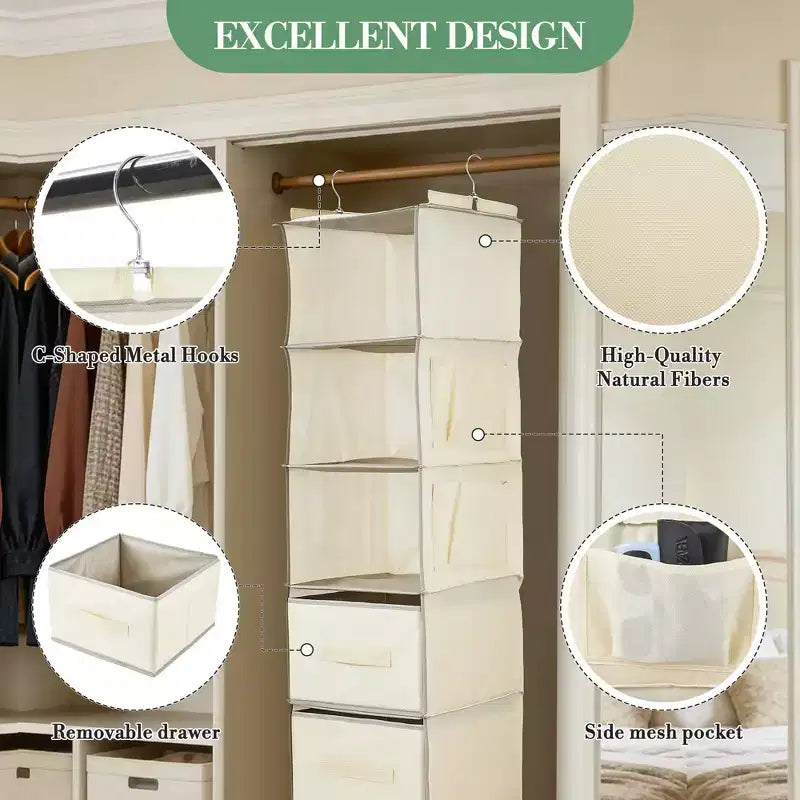 6-Tier Hanging Storage Organizer Non-Woven Fabric, Thick Bamboo Slat Washable, with 3 Removable Drawers + 2 Side Pockets Space-Saving
