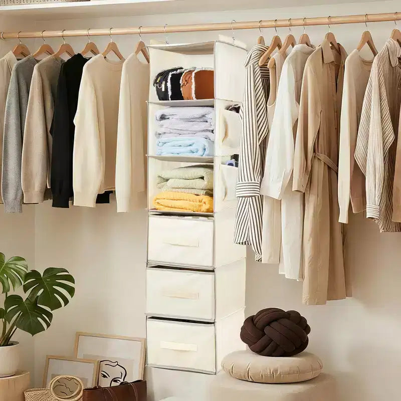 6-Tier Hanging Storage Organizer Non-Woven Fabric, Thick Bamboo Slat Washable, with 3 Removable Drawers + 2 Side Pockets Space-Saving