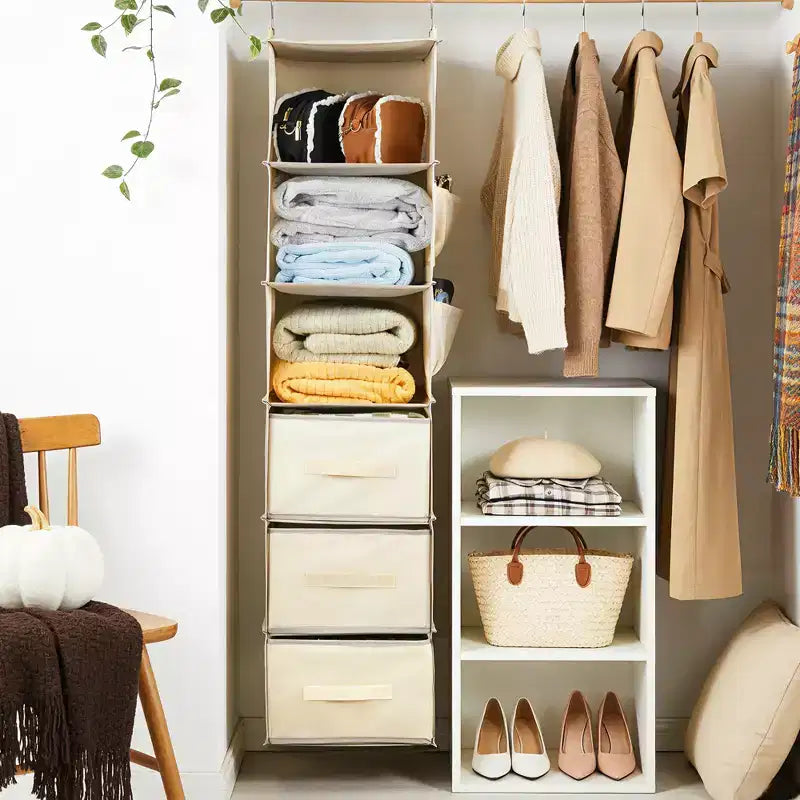 6-Tier Hanging Storage Organizer Non-Woven Fabric, Thick Bamboo Slat Washable, with 3 Removable Drawers + 2 Side Pockets Space-Saving