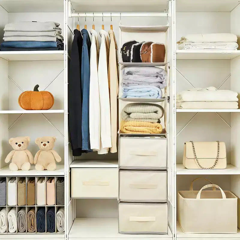 6-Tier Hanging Storage Organizer Non-Woven Fabric, Thick Bamboo Slat Washable, with 3 Removable Drawers + 2 Side Pockets Space-Saving