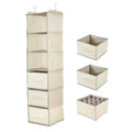 6-Tier Hanging Storage Organizer Non-Woven Fabric, Thick Bamboo Slat Washable, with 3 Removable Drawers + 2 Side Pockets Space-Saving