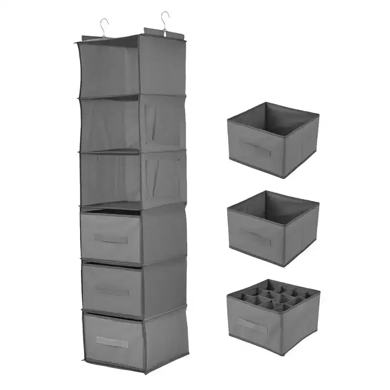 Organiseur de rangement suspendu à 6 niveaux en tissu non tissé, lattes de bambou épaisses lavables, avec 3 tiroirs amovibles et 2 poches latérales pour un gain de place