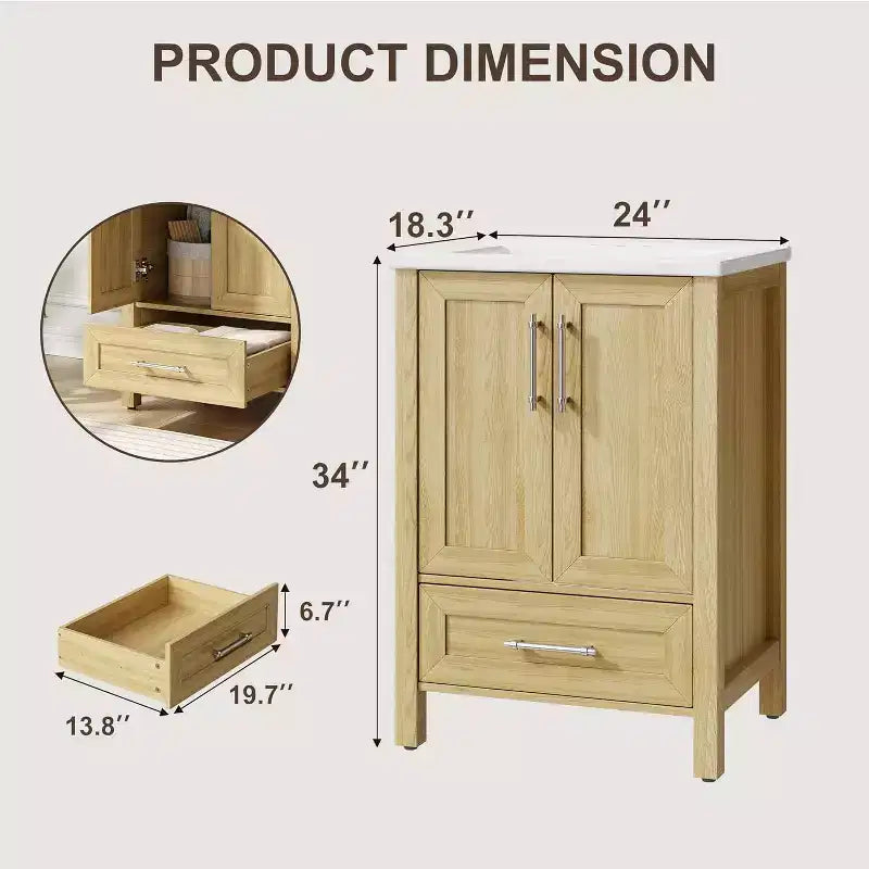 30 Freestanding Wood Bathroom Vanity with Sink, Soft-Closing Door & Metal Handle. Modern Storage for Small Spaces, Natural Wood