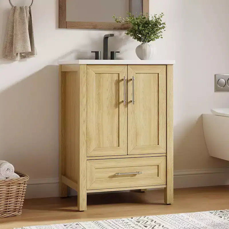 30 Freestanding Wood Bathroom Vanity with Sink, Soft-Closing Door & Metal Handle. Modern Storage for Small Spaces, Natural Wood