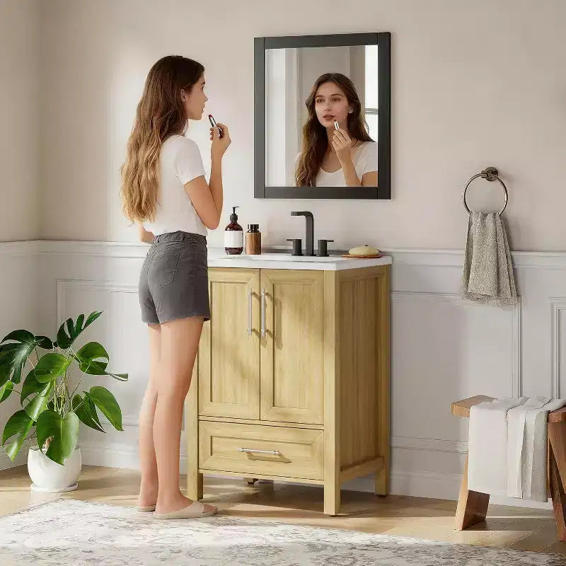 30 Freestanding Wood Bathroom Vanity with Sink, Soft-Closing Door & Metal Handle. Modern Storage for Small Spaces, Natural Wood
