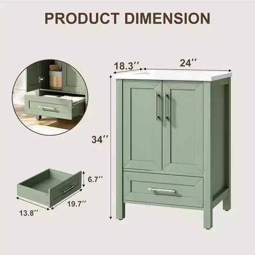 Meuble-lavabo de salle de bain en bois autoportant de 76 cm avec lavabo, porte à fermeture douce et poignée en métal. Rangement moderne pour petits espaces, bois naturel.