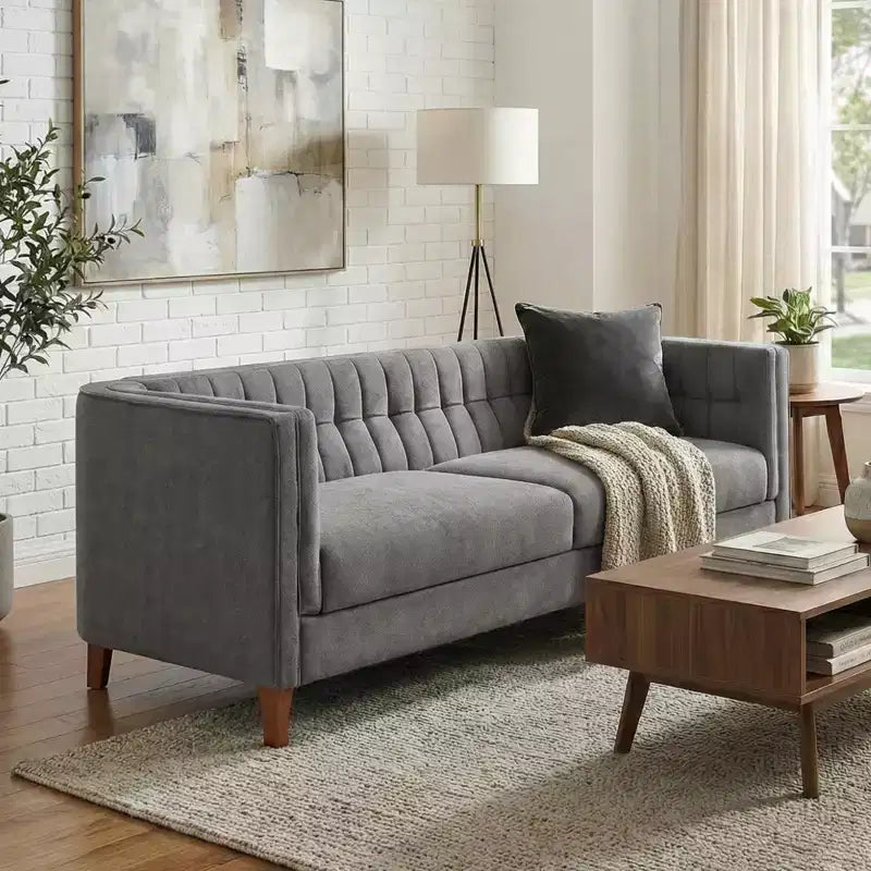 Christopher Knight Home Panadda Modern 76 3-Seater Wooden Chenille Upholstered Sofa with Channel Tufted Backrest