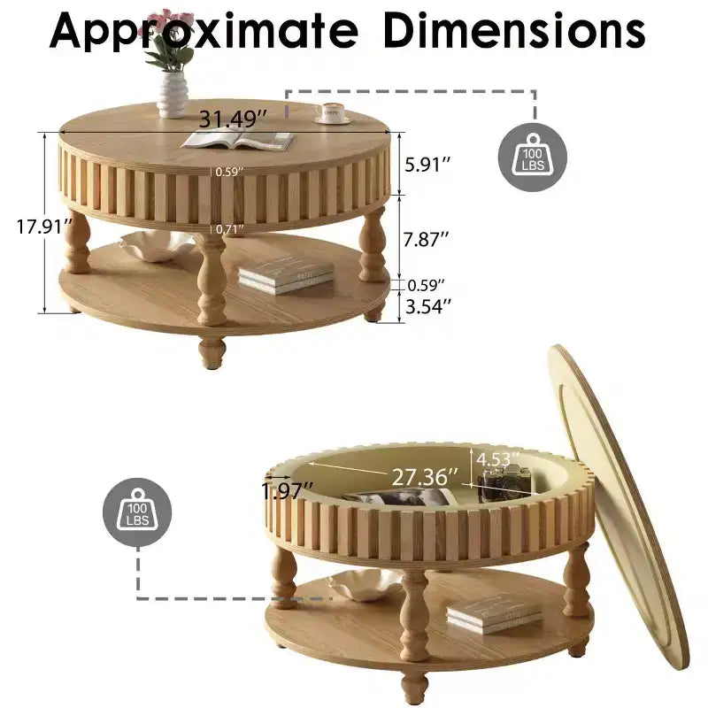 JVNOXK Mid Century Modern Fluted Coffee Table with Storage, Natural Wood Finish Center Table with Flip-Top Lid and Solid Wood Legs for Living Room