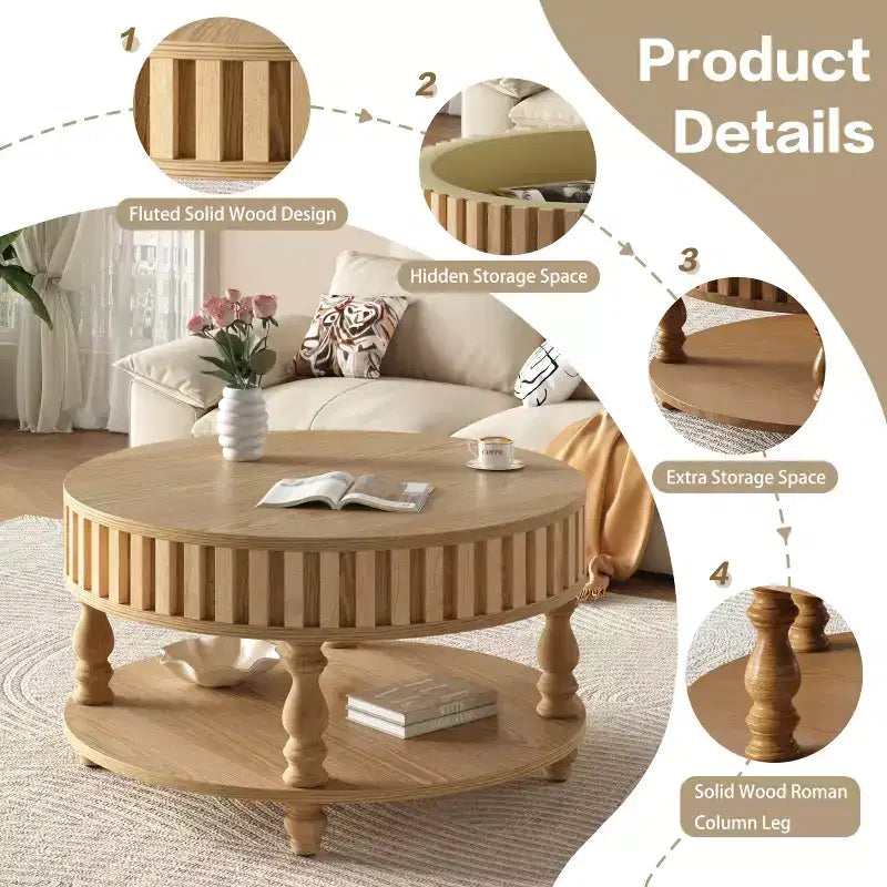 JVNOXK Mid Century Modern Fluted Coffee Table with Storage, Natural Wood Finish Center Table with Flip-Top Lid and Solid Wood Legs for Living Room