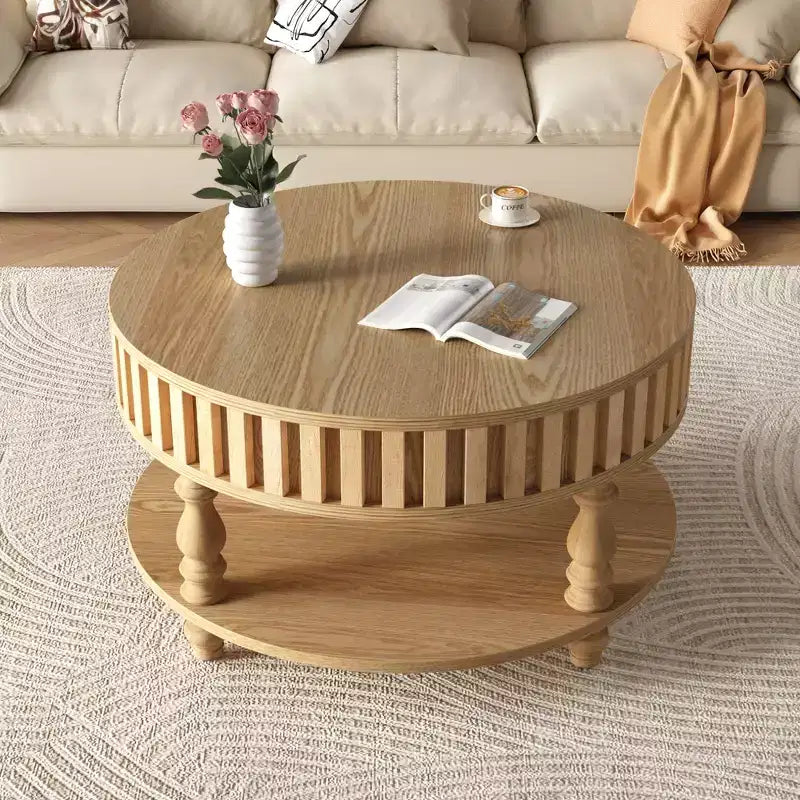 JVNOXK Mid Century Modern Fluted Coffee Table with Storage, Natural Wood Finish Center Table with Flip-Top Lid and Solid Wood Legs for Living Room