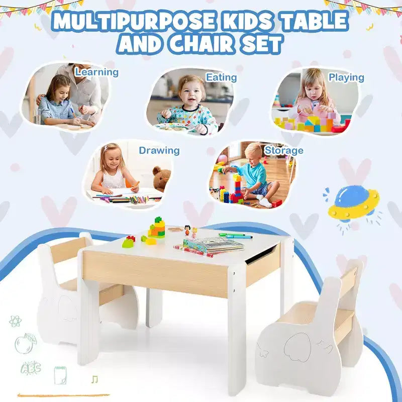 Costway 4-in-1 Kids Wooden Table & 2 Chairs Set w/ Storage Detachable Blackboard Drawing