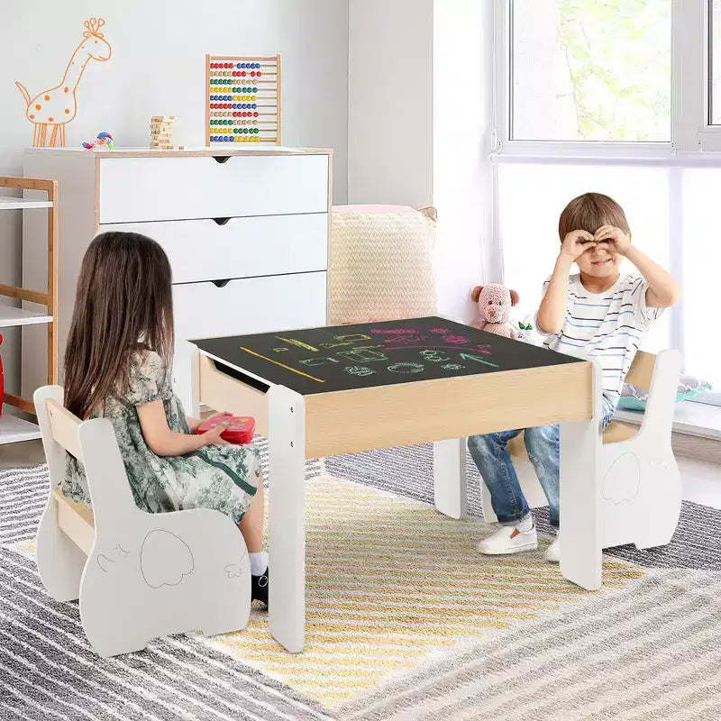 Costway 4-in-1 Kids Wooden Table & 2 Chairs Set w/ Storage Detachable Blackboard Drawing