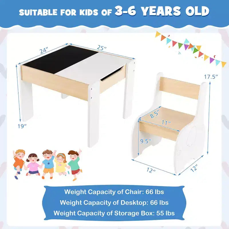 Costway 4-in-1 Kids Wooden Table & 2 Chairs Set w/ Storage Detachable Blackboard Drawing