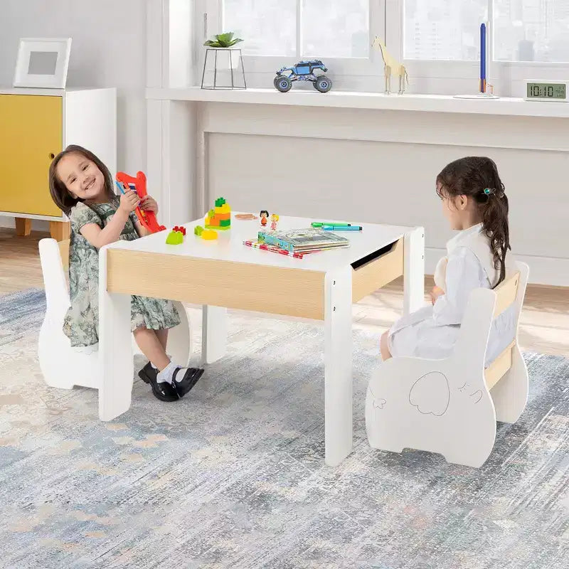 Costway 4-in-1 Kids Wooden Table & 2 Chairs Set w/ Storage Detachable Blackboard Drawing