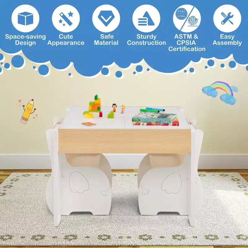 Costway 4-in-1 Kids Wooden Table & 2 Chairs Set w/ Storage Detachable Blackboard Drawing