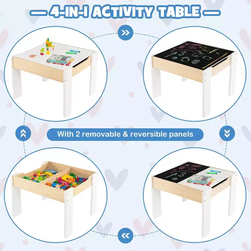 Costway 4-in-1 Kids Wooden Table & 2 Chairs Set w/ Storage Detachable Blackboard Drawing