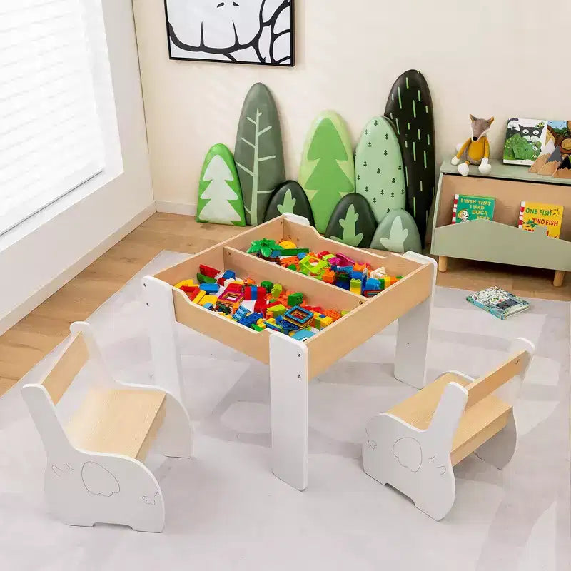 Costway 4-in-1 Kids Wooden Table & 2 Chairs Set w/ Storage Detachable Blackboard Drawing