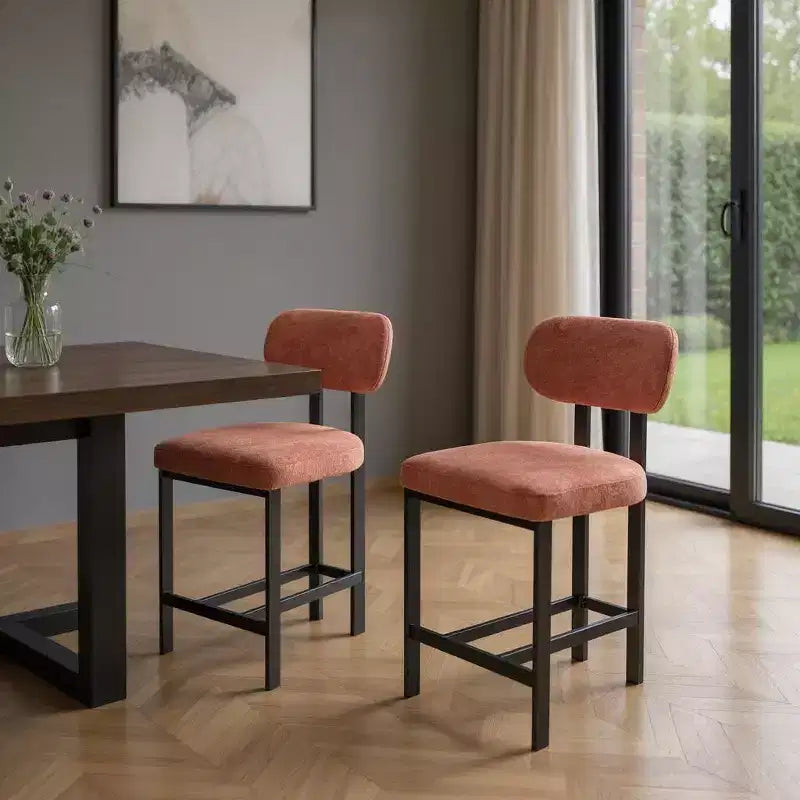HomeRoots Set of Two 26 Orange and Black Fabric and Metal Counter Height Bar Chairs