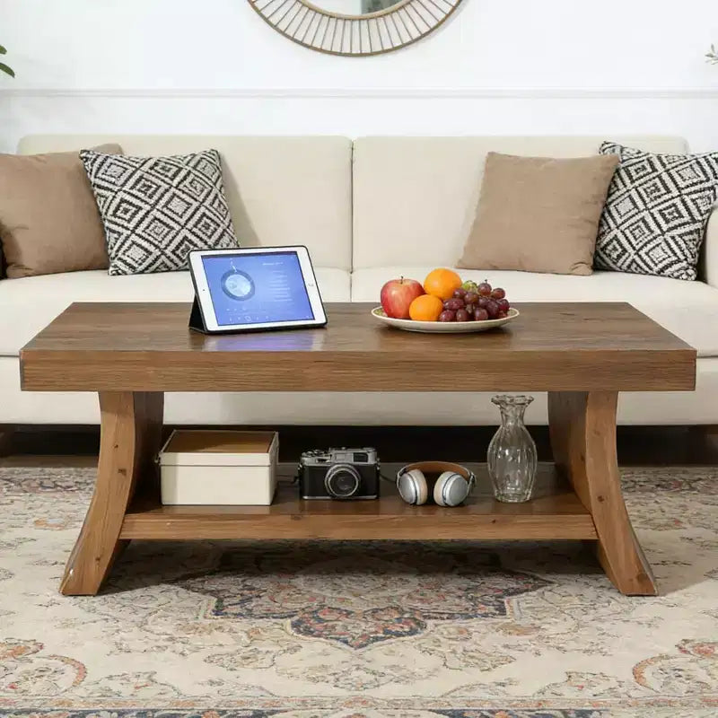 Lantine 47.2-Inch Farmhouse Coffee Table with Storage Shelf, Mid Century Modern Solid Wood Center Table with Curved Base for Living Room, Walnut