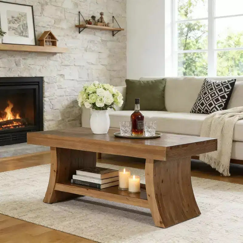 Lantine 47.2-Inch Farmhouse Coffee Table with Storage Shelf, Mid Century Modern Solid Wood Center Table with Curved Base for Living Room, Walnut