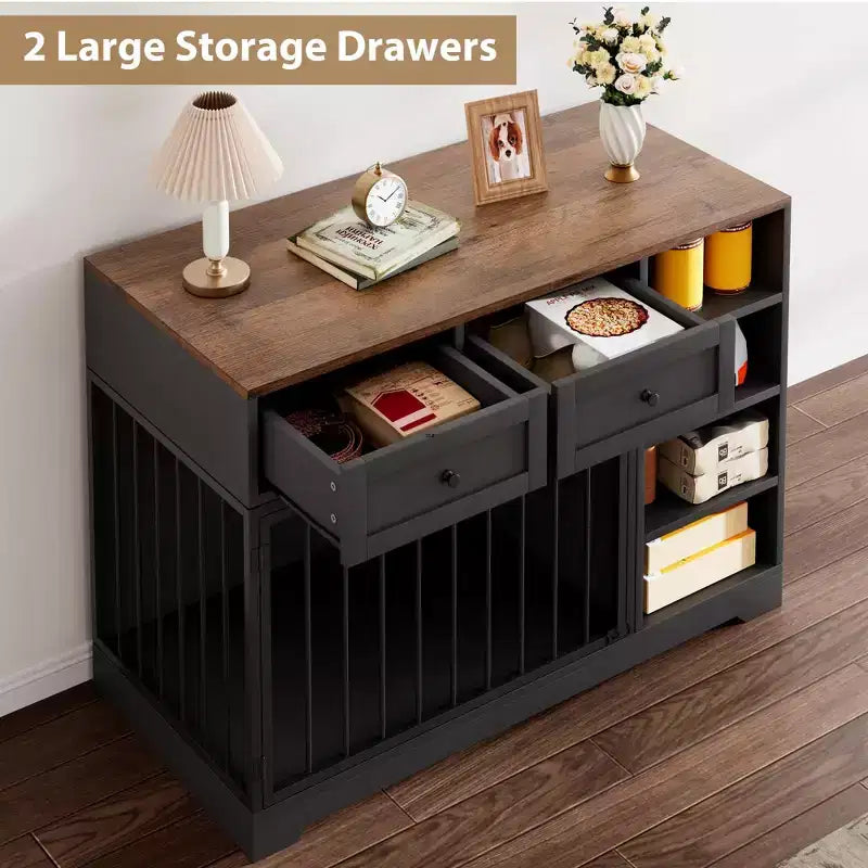 47 Dog Crate Furniture - 2 Storage Drawers, 4 Deep Shelves, Farmhouse Wooden, Extra Large Dog Cage End Table, Indoor Kennel for Large Medium Dogs