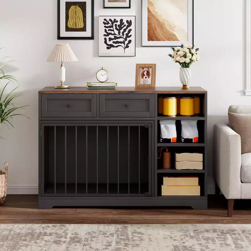 47 Dog Crate Furniture - 2 Storage Drawers, 4 Deep Shelves, Farmhouse Wooden, Extra Large Dog Cage End Table, Indoor Kennel for Large Medium Dogs