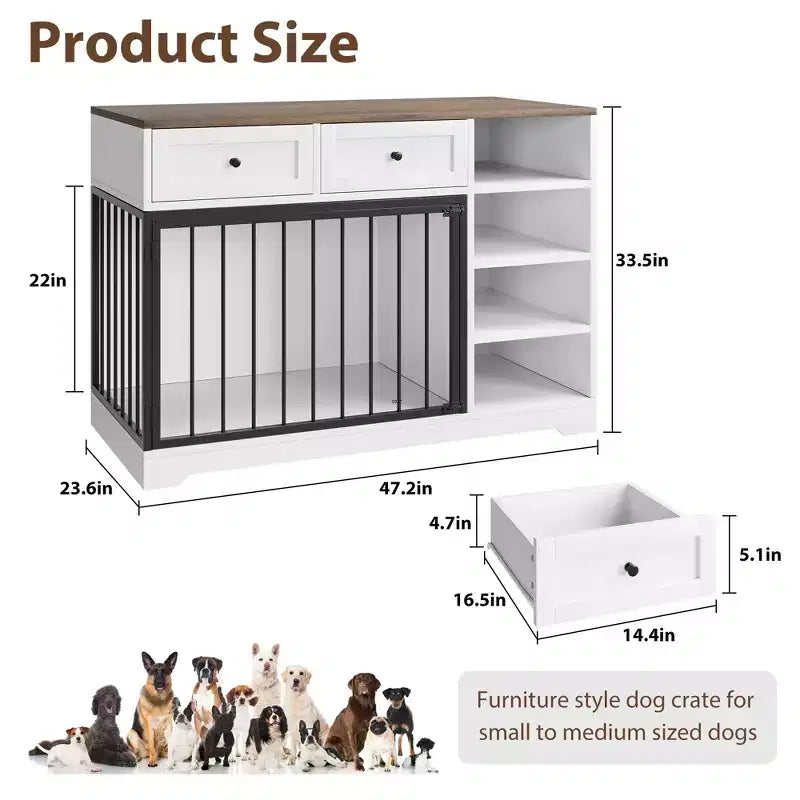 47 Dog Crate Furniture - 2 Storage Drawers, 4 Deep Shelves, Farmhouse Wooden, Extra Large Dog Cage End Table, Indoor Kennel for Large Medium Dogs