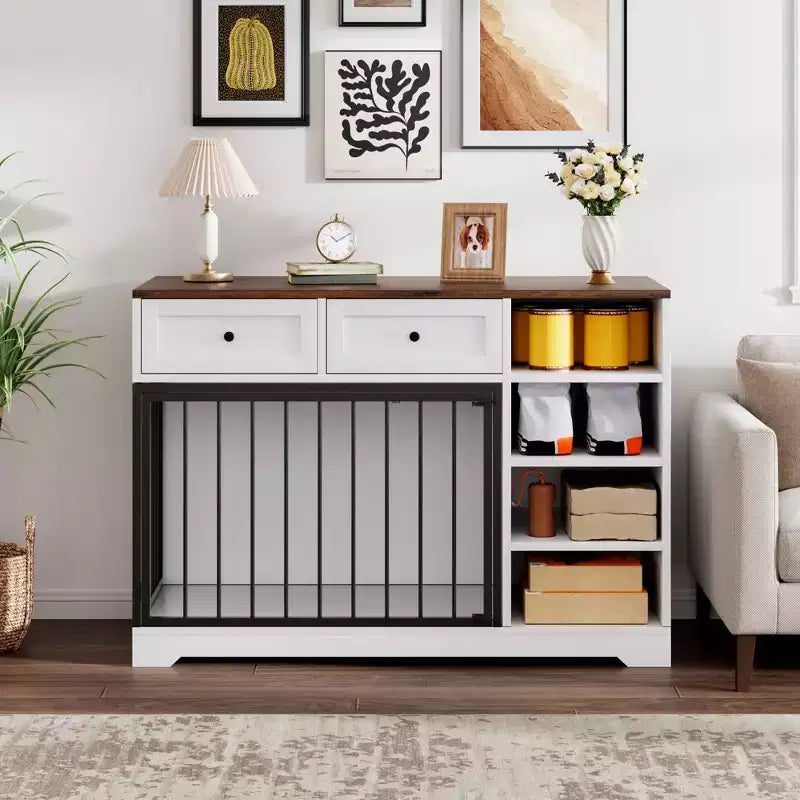 47 Dog Crate Furniture - 2 Storage Drawers, 4 Deep Shelves, Farmhouse Wooden, Extra Large Dog Cage End Table, Indoor Kennel for Large Medium Dogs