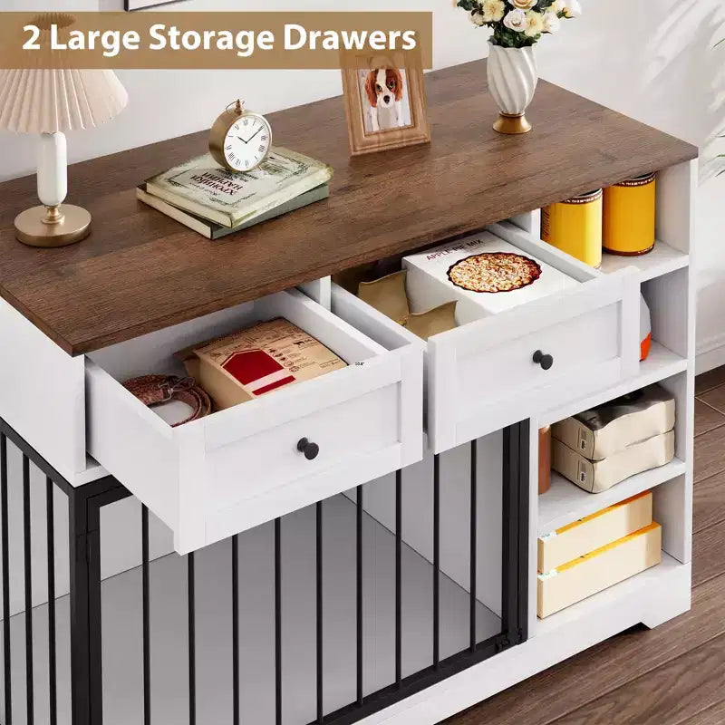 47 Dog Crate Furniture - 2 Storage Drawers, 4 Deep Shelves, Farmhouse Wooden, Extra Large Dog Cage End Table, Indoor Kennel for Large Medium Dogs