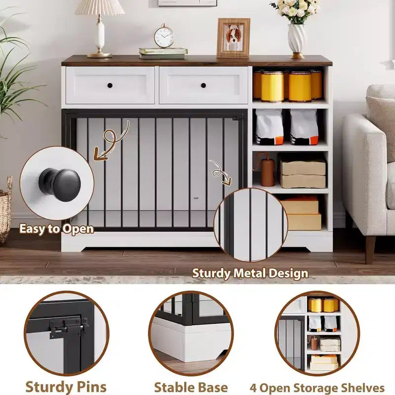 47 Dog Crate Furniture - 2 Storage Drawers, 4 Deep Shelves, Farmhouse Wooden, Extra Large Dog Cage End Table, Indoor Kennel for Large Medium Dogs