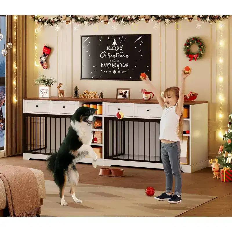 47 Dog Crate Furniture - 2 Storage Drawers, 4 Deep Shelves, Farmhouse Wooden, Extra Large Dog Cage End Table, Indoor Kennel for Large Medium Dogs