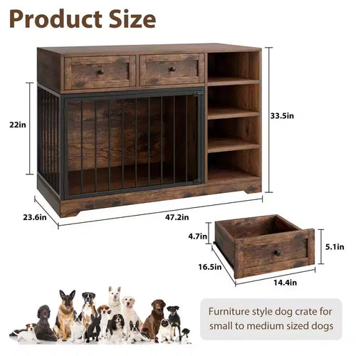 Meuble caisse pour chien 47" - 2 tiroirs de rangement, 4 étagères profondes, en bois de style ferme, table d'appoint extra large pour chien, chenil intérieur pour grands et moyens chiens