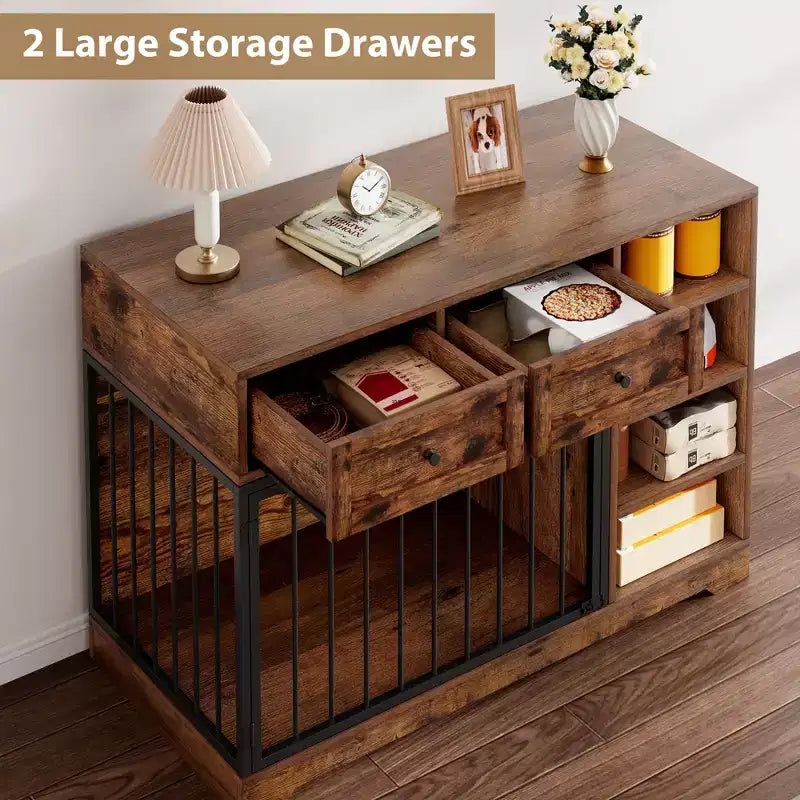47 Dog Crate Furniture - 2 Storage Drawers, 4 Deep Shelves, Farmhouse Wooden, Extra Large Dog Cage End Table, Indoor Kennel for Large Medium Dogs