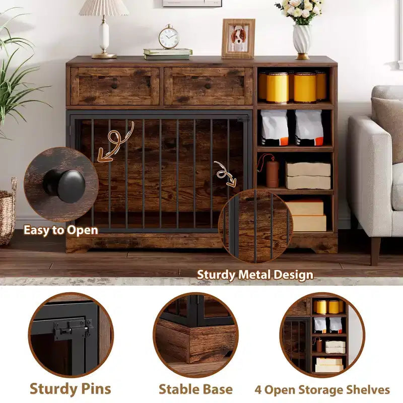 47 Dog Crate Furniture - 2 Storage Drawers, 4 Deep Shelves, Farmhouse Wooden, Extra Large Dog Cage End Table, Indoor Kennel for Large Medium Dogs