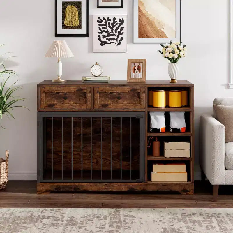 47 Dog Crate Furniture - 2 Storage Drawers, 4 Deep Shelves, Farmhouse Wooden, Extra Large Dog Cage End Table, Indoor Kennel for Large Medium Dogs