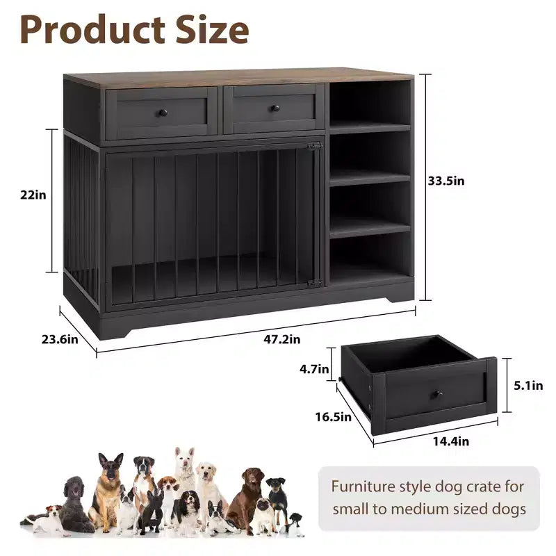 47 Dog Crate Furniture - 2 Storage Drawers, 4 Deep Shelves, Farmhouse Wooden, Extra Large Dog Cage End Table, Indoor Kennel for Large Medium Dogs